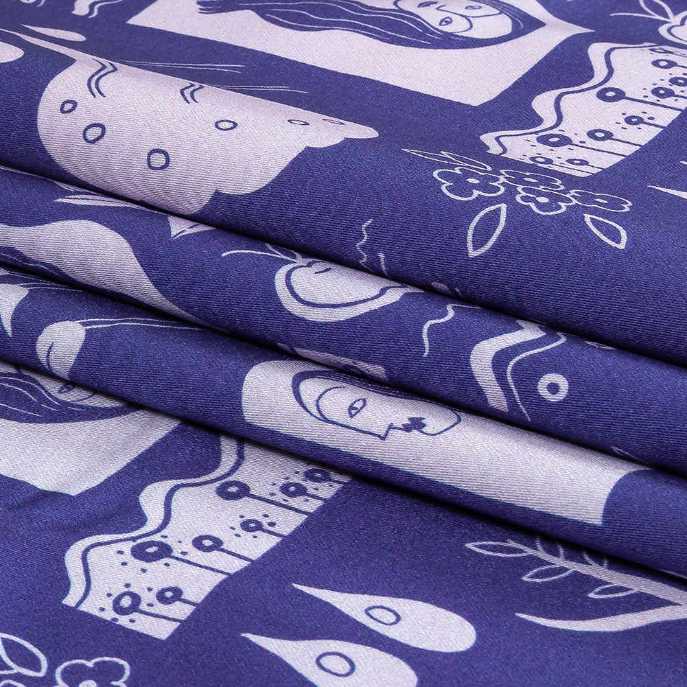 Stretch Cotton Sateen - Purple Illustrative Symbols - Indigo For It Print - Mood Exclusive Indigo Collection - Folded