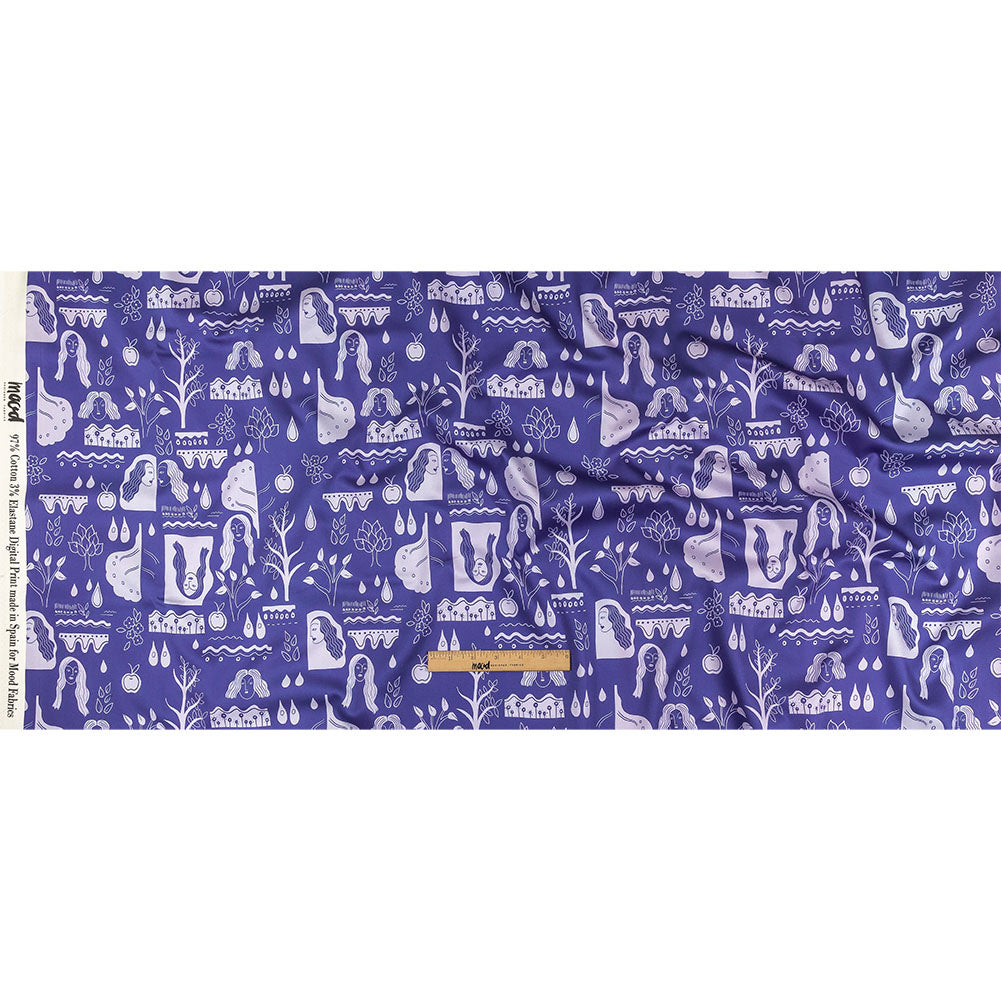 Stretch Cotton Sateen - Purple Illustrative Symbols - Indigo For It Print - Mood Exclusive Indigo Collection - Full