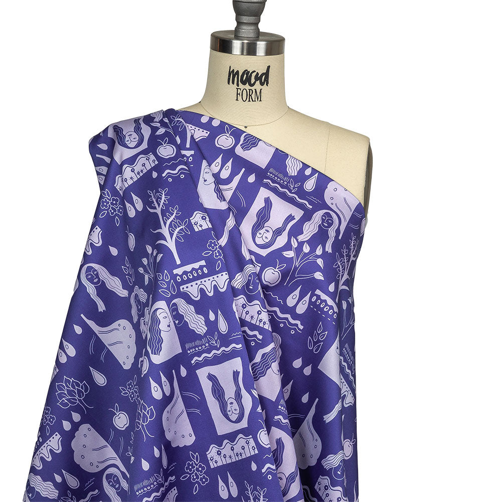 Stretch Cotton Sateen - Purple Illustrative Symbols - Indigo For It Print - Mood Exclusive Indigo Collection - Drape