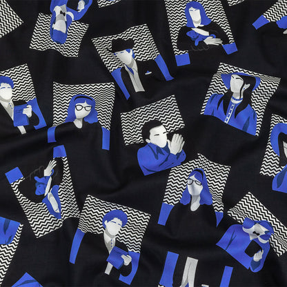 Cotton Voile - Blue and Black Talking Heads - In the Blues Print - Mood Exclusive Indigo Collection
