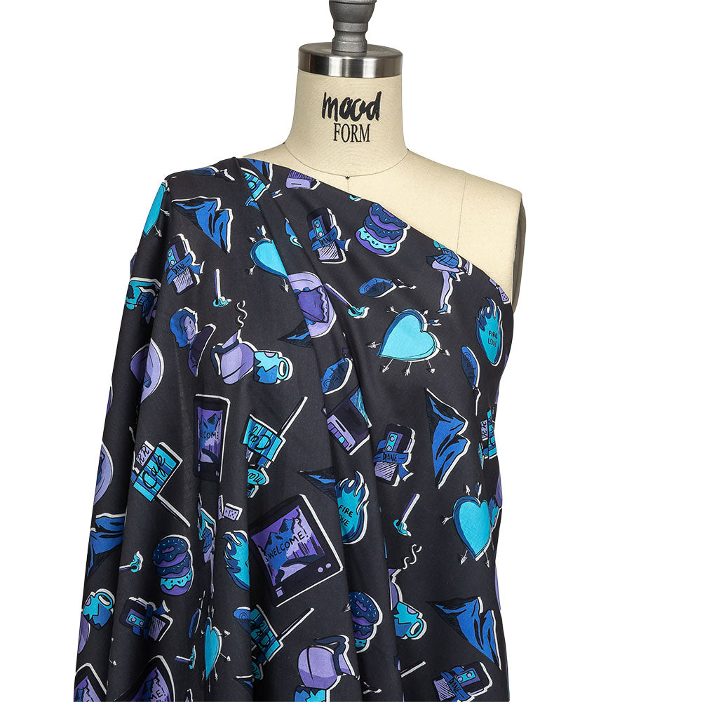 Cotton Voile - Purple and Blue Iconic Symbols - Live at Sun Studio Print - Mood Exclusive Indigo Collection - Drape