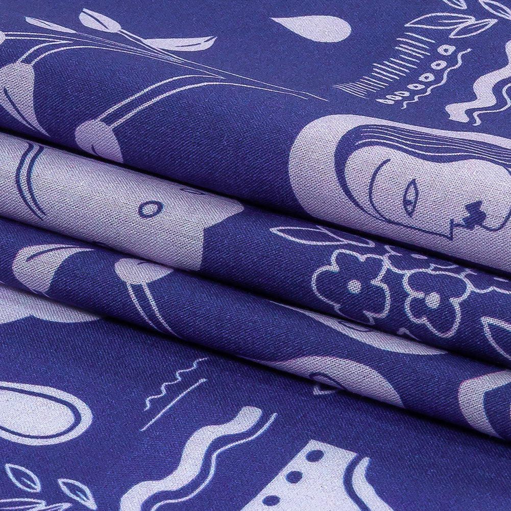 Cotton Voile - Purple Illustrative Symbols - Indigo For It Print - Mood Exclusive Indigo Collection - Folded