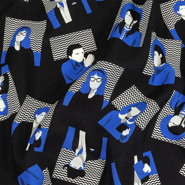 Linen and Rayon Woven - Blue and Black Talking Heads - In the Blues Print - Mood Exclusive Indigo Collection