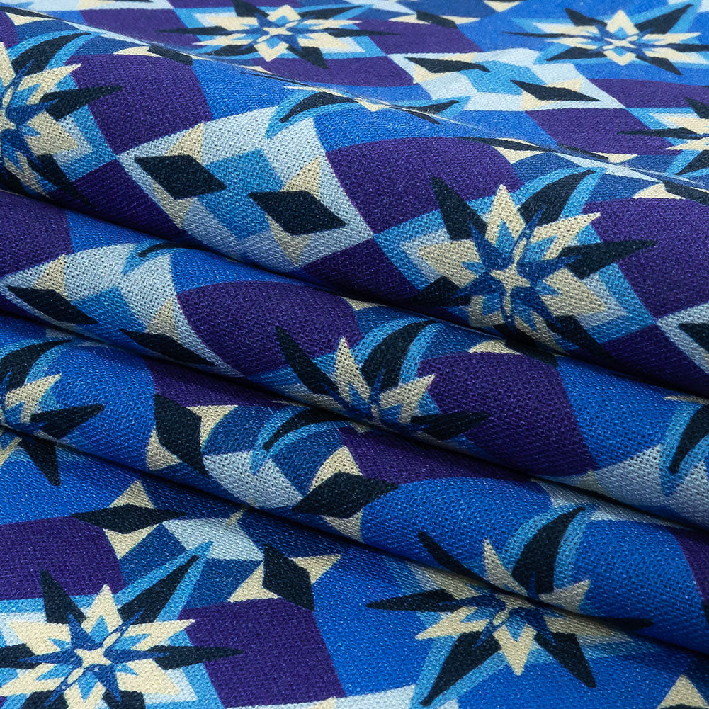 Linen and Rayon Woven - Blue and Purple Geometric - Crystalline Culture Print - Mood Exclusive Indigo Collection - Folded