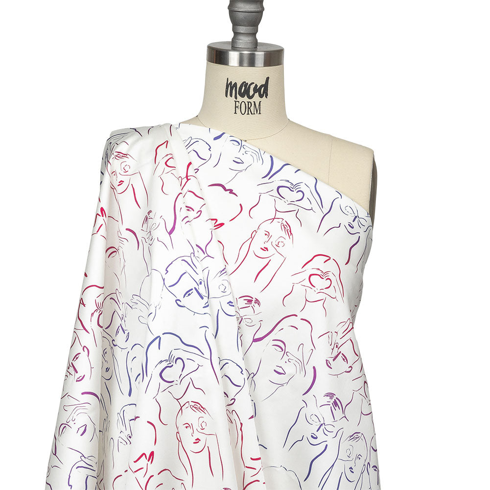 Stretch Cotton Sateen - Purple, Pink and Blue Faces and Hands - Language of Love Print - Mood Exclusive Pride Collection - Drape