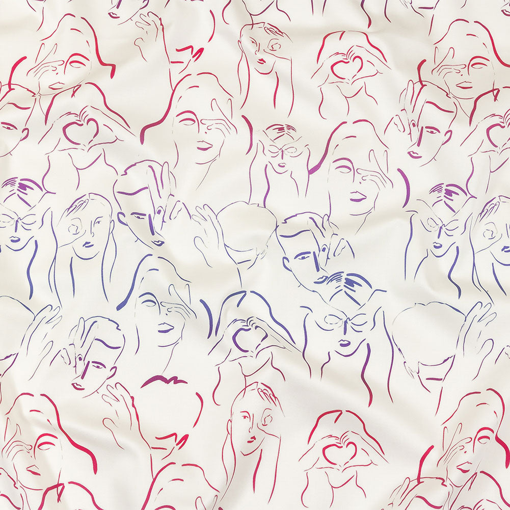 Stretch Cotton Sateen - Purple, Pink and Blue Faces and Hands - Language of Love Print - Mood Exclusive Pride Collection