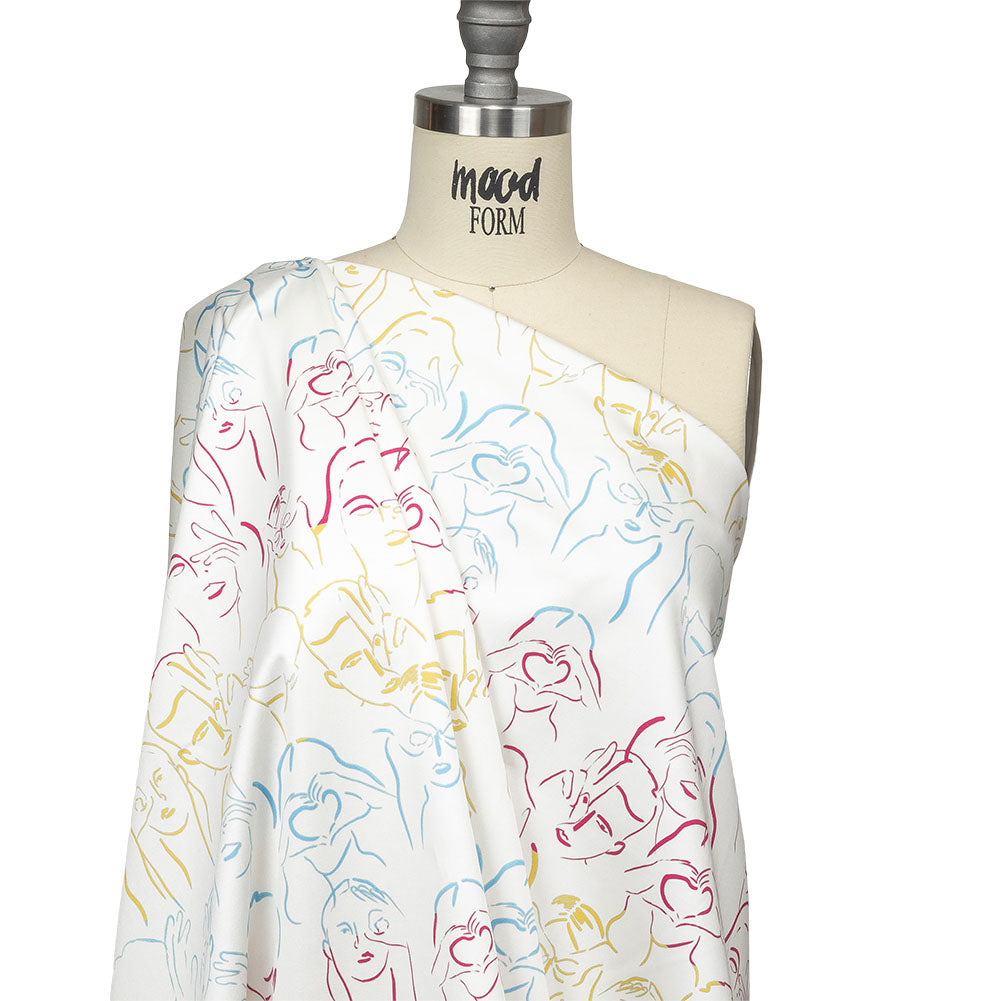 Stretch Cotton Sateen - Blue, Yellow and Pink Faces and Hands - Language of Love Print - Mood Exclusive Pride Collection - Drape
