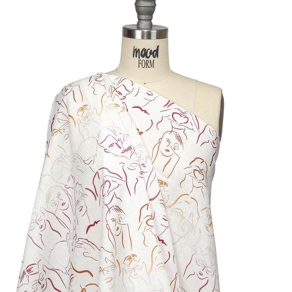 Linen and Rayon Woven - Pink, White and Orange Faces and Hands - Language of Love Print - Mood Exclusive Pride Collection - Drape