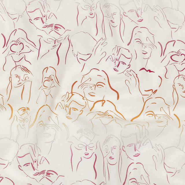 Linen and Rayon Woven - Pink, White and Orange Faces and Hands - Language of Love Print - Mood Exclusive Pride Collection