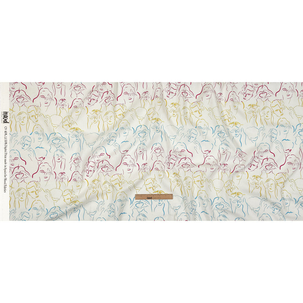 Linen and Rayon Woven - Blue, Yellow and Pink Faces and Hands - Language of Love Print - Mood Exclusive Pride Collection - Full