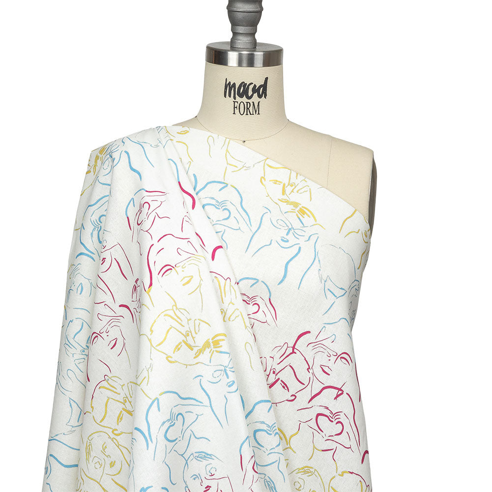 Linen and Rayon Woven - Blue, Yellow and Pink Faces and Hands - Language of Love Print - Mood Exclusive Pride Collection - Drape