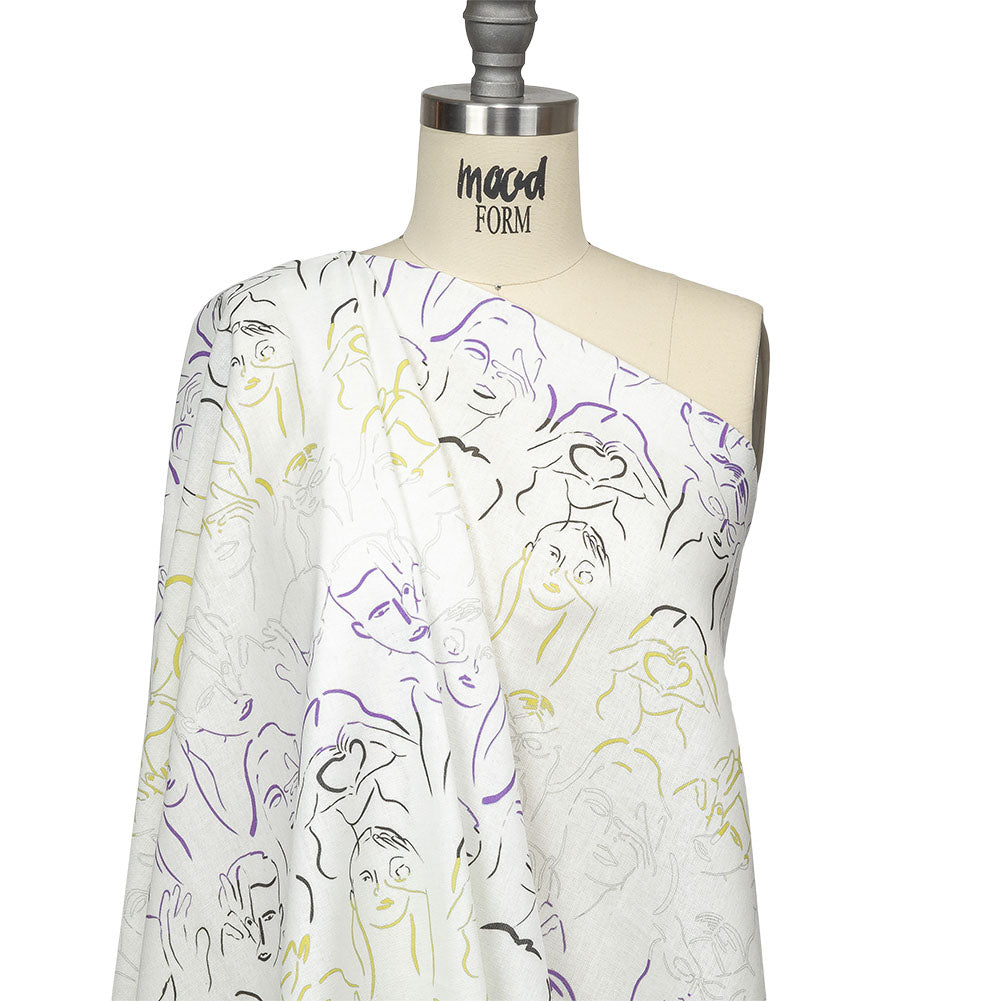 Linen and Rayon Woven - Purple, Yellow and Black Faces and Hands - Language of Love Print - Mood Exclusive Pride Collection - Drape