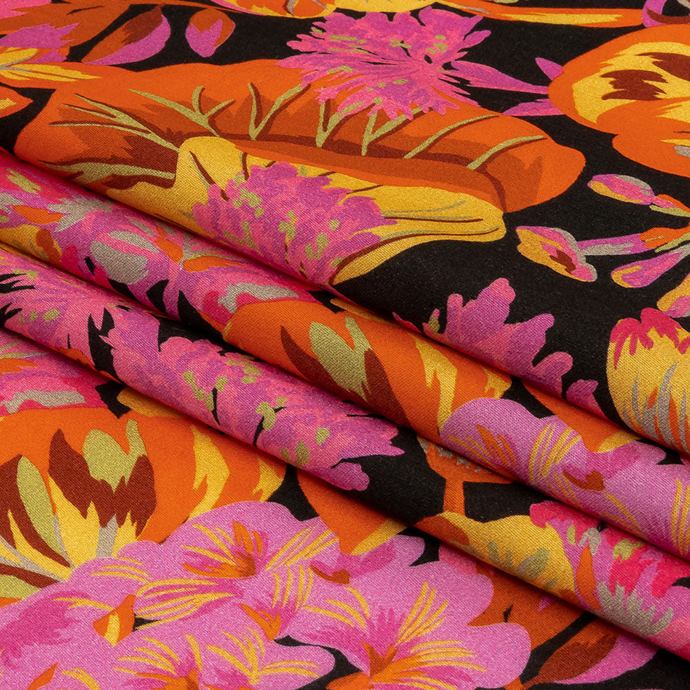 Rayon Challis - Black, Pink and Yellow Floral - Tangerine Dreams Print - Mood Exclusive Citrus Collection - Folded