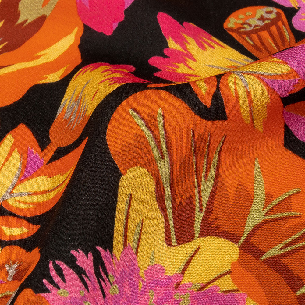 Rayon Challis - Black, Pink and Yellow Floral - Tangerine Dreams Print - Mood Exclusive Citrus Collection - Detail