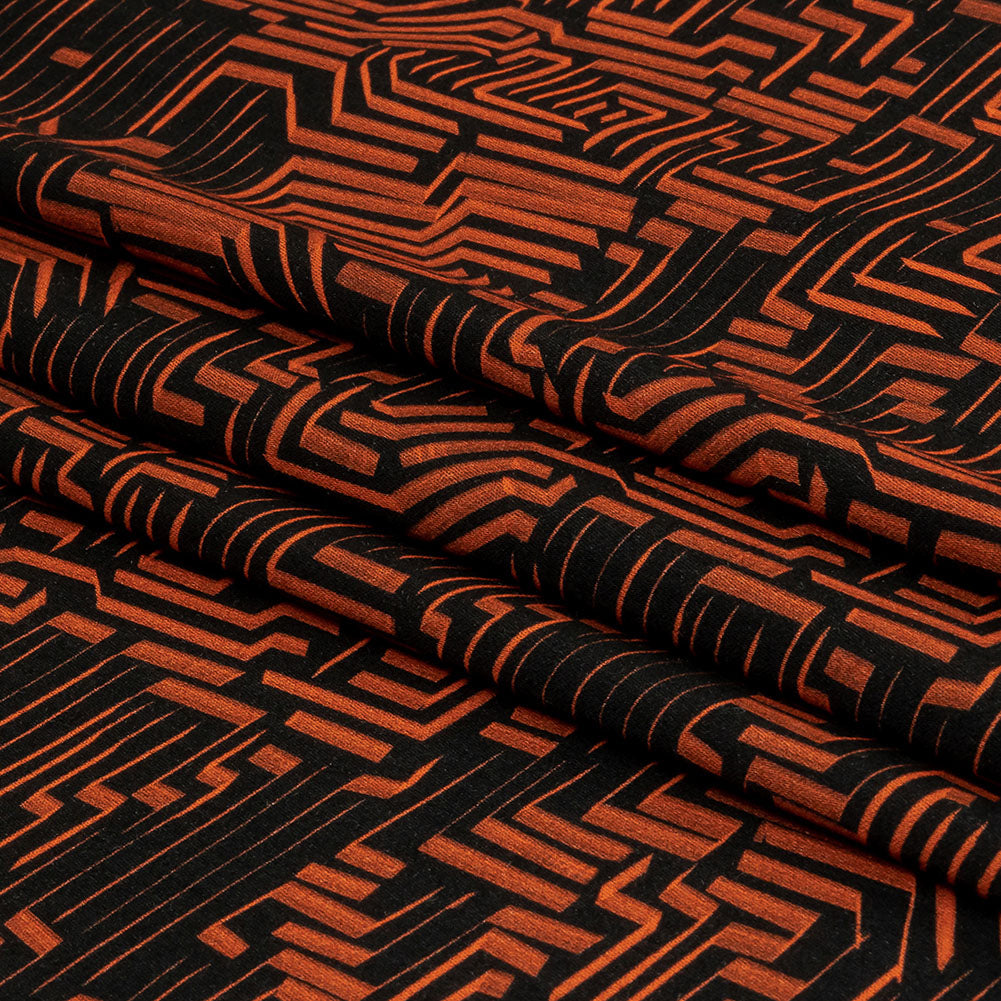 Rayon Challis - Black and Orange Geometric Lines - Ci-Trust the Process Print - Mood Exclusive Citrus Collection - Folded