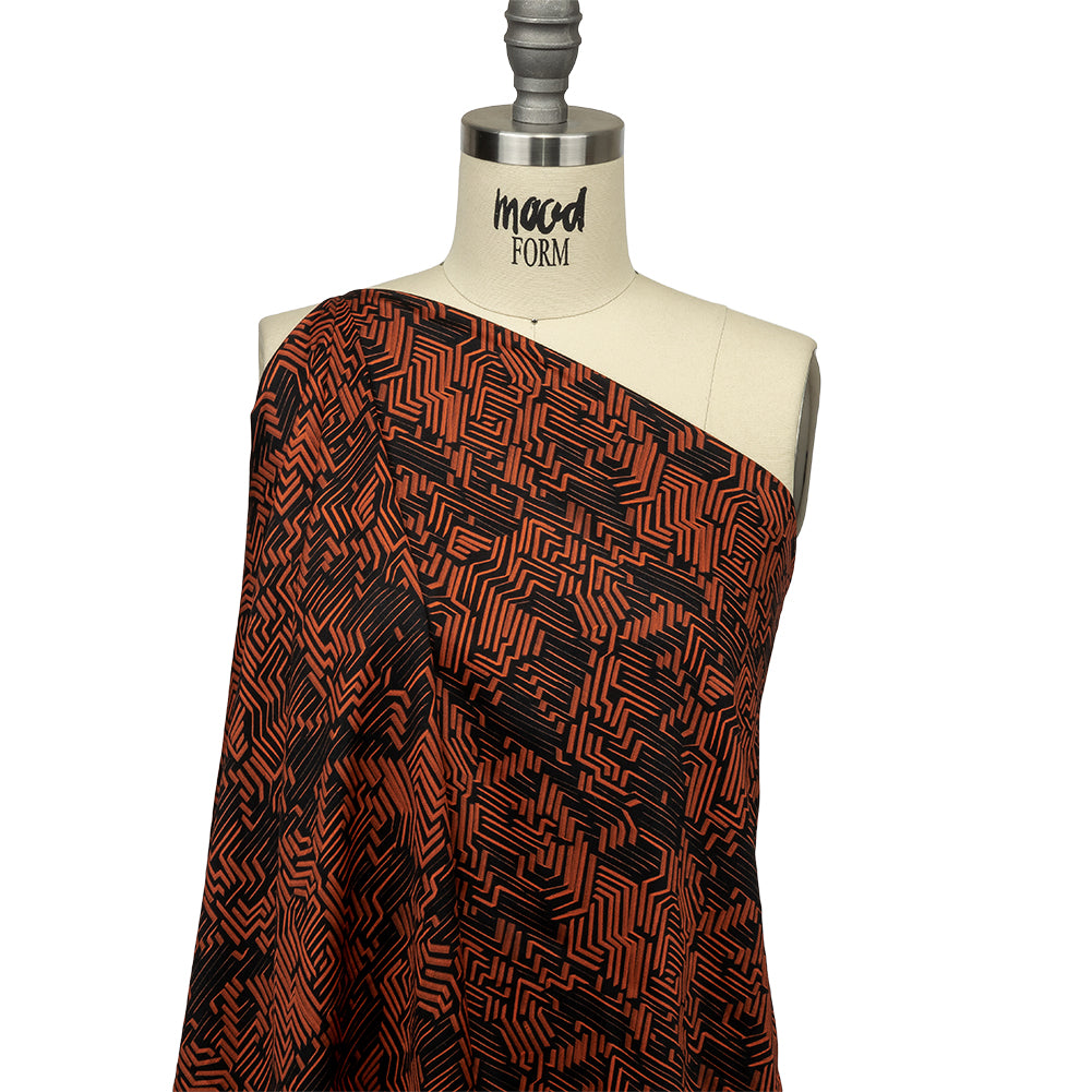 Rayon Challis - Black and Orange Geometric Lines - Ci-Trust the Process Print - Mood Exclusive Citrus Collection - Drape