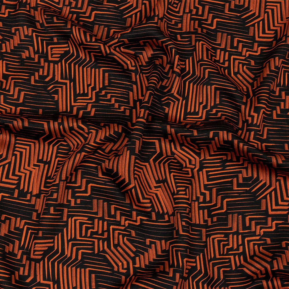 Rayon Challis - Black and Orange Geometric Lines - Ci-Trust the Process Print - Mood Exclusive Citrus Collection