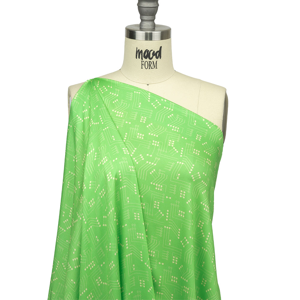 Rayon Challis - Green Circuit Board Dots - Circuit Breaker Print - Mood Exclusive Citrus Collection - Drape