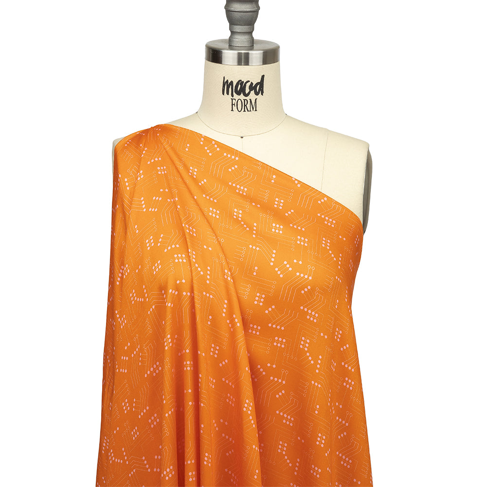 Rayon Challis - Orange Circuit Board Dots - Circuit Breaker Print - Mood Exclusive Citrus Collection - Drape