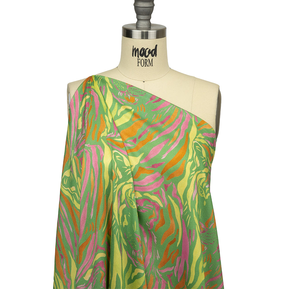 Rayon Challis - Green and Pink Tiger Stripes - Rainforest Refreshment Print - Mood Exclusive Citrus Collection - Drape
