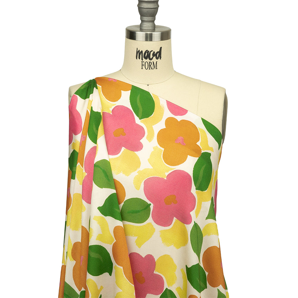 Rayon Challis - Pink and Orange Simplistic Floral - Chalk Party Print - Mood Exclusive Citrus Collection - Drape