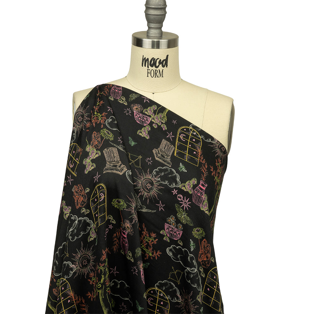 Rayon Challis - Black Trees and Windows - Summer Nights Print - Mood Exclusive Citrus Collection - Drape