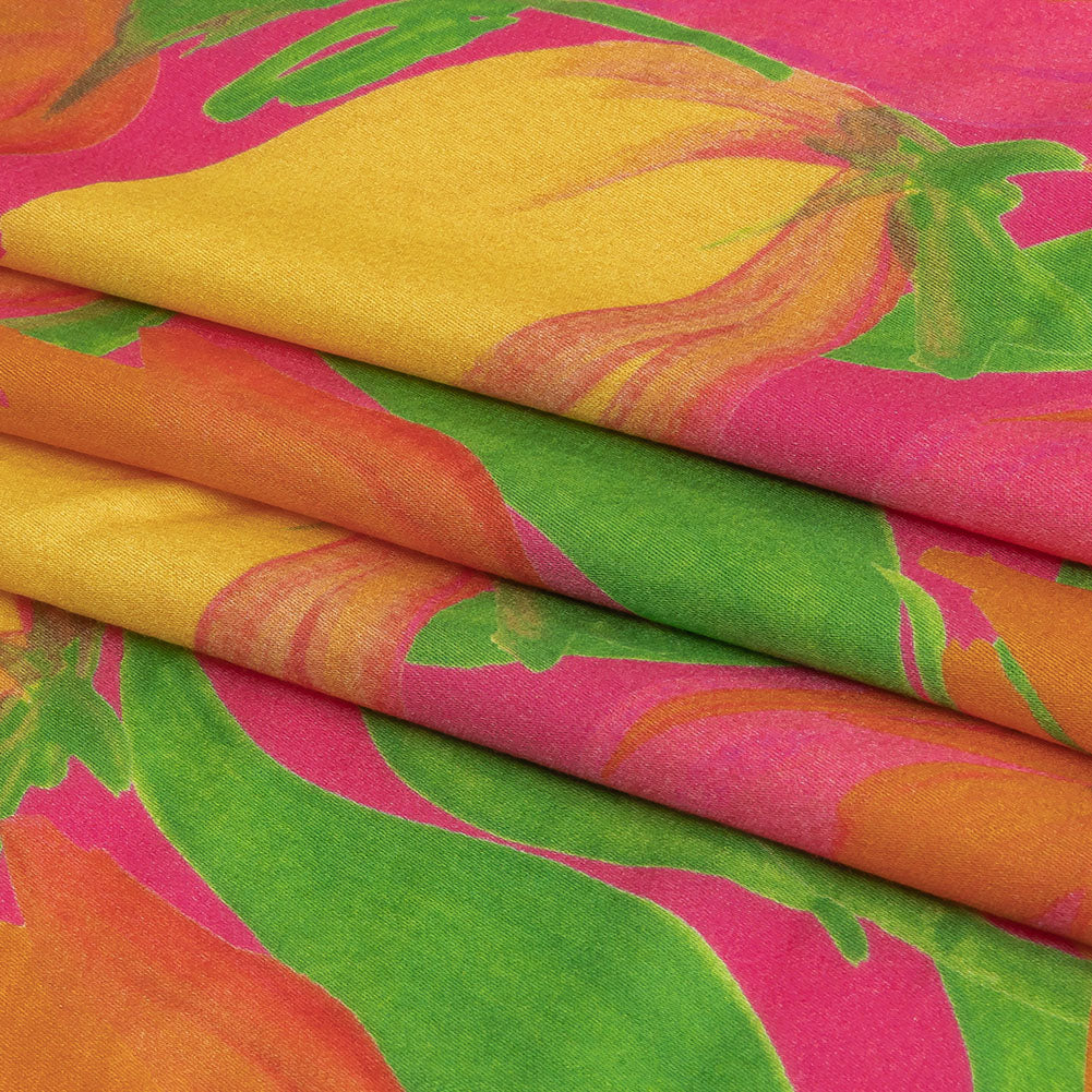 Rayon Challis - Pink and Orange Tulips - Keukenhof Print - Mood Exclusive Citrus Collection - Folded