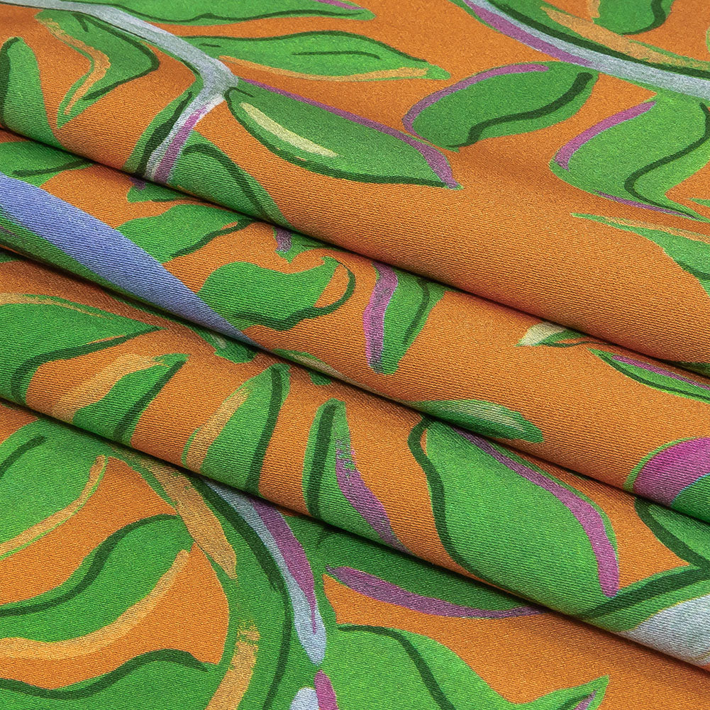 Stretch Cotton Sateen - Orange and Green Foliage - Looking Vine Print - Mood Exclusive Citrus Collection - Folded