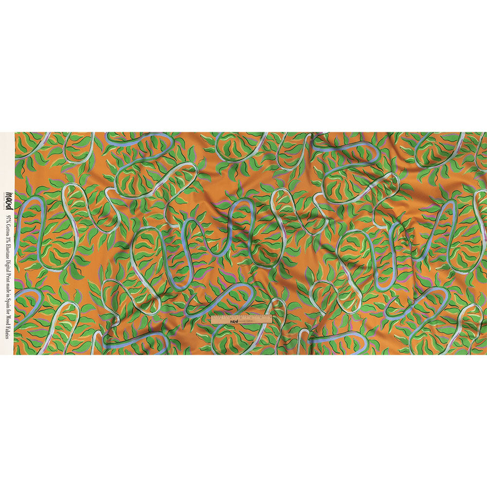 Stretch Cotton Sateen - Orange and Green Foliage - Looking Vine Print - Mood Exclusive Citrus Collection - Full