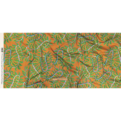 Stretch Cotton Sateen - Orange and Green Foliage - Looking Vine Print - Mood Exclusive Citrus Collection