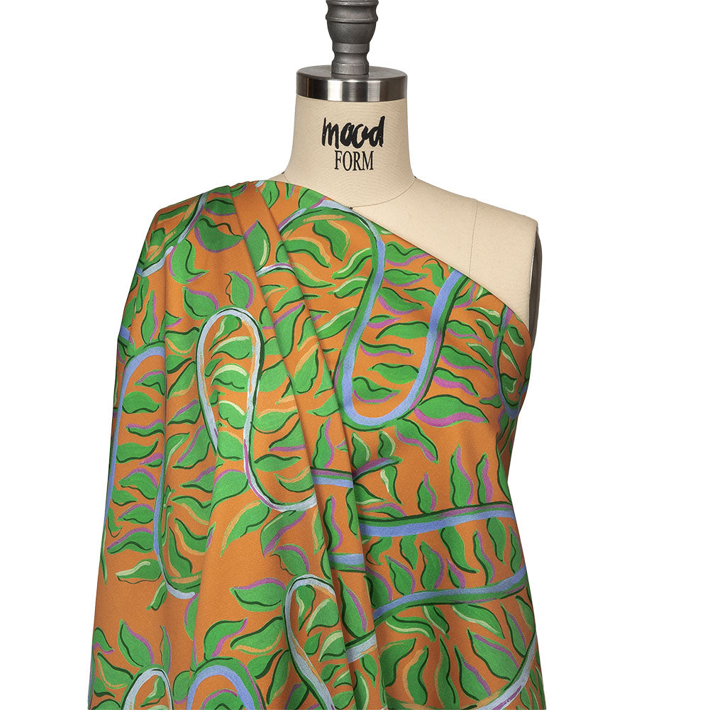 Stretch Cotton Sateen - Orange and Green Foliage - Looking Vine Print - Mood Exclusive Citrus Collection - Drape