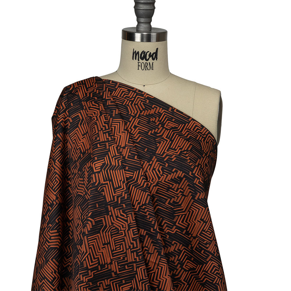 Stretch Cotton Sateen - Black and Orange Geometric Lines - Ci-Trust the Process Print - Mood Exclusive Citrus Collection - Drape