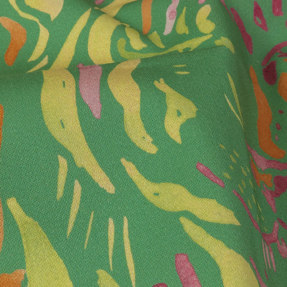 Stretch Cotton Sateen - Green and Pink Tiger Stripes - Rainforest Refreshment Print - Mood Exclusive Citrus Collection - Detail