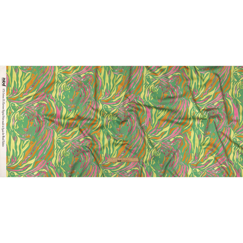 Stretch Cotton Sateen - Green and Pink Tiger Stripes - Rainforest Refreshment Print - Mood Exclusive Citrus Collection - Full