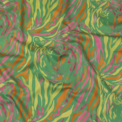 Stretch Cotton Sateen - Green and Pink Tiger Stripes - Rainforest Refreshment Print - Mood Exclusive Citrus Collection