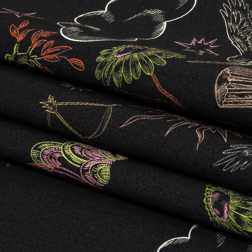 Stretch Cotton Sateen - Black Trees and Windows - Summer Nights Print - Mood Exclusive Citrus Collection - Folded