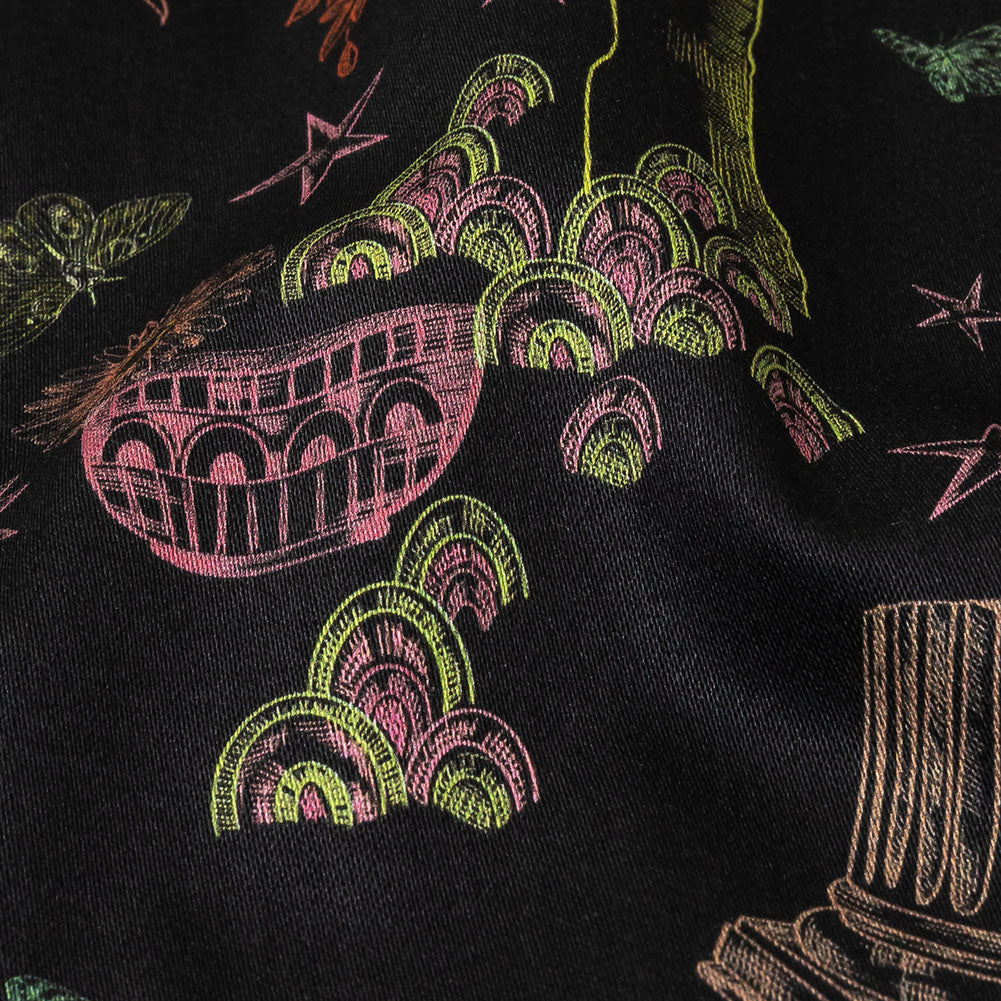 Stretch Cotton Sateen - Black Trees and Windows - Summer Nights Print - Mood Exclusive Citrus Collection - Detail