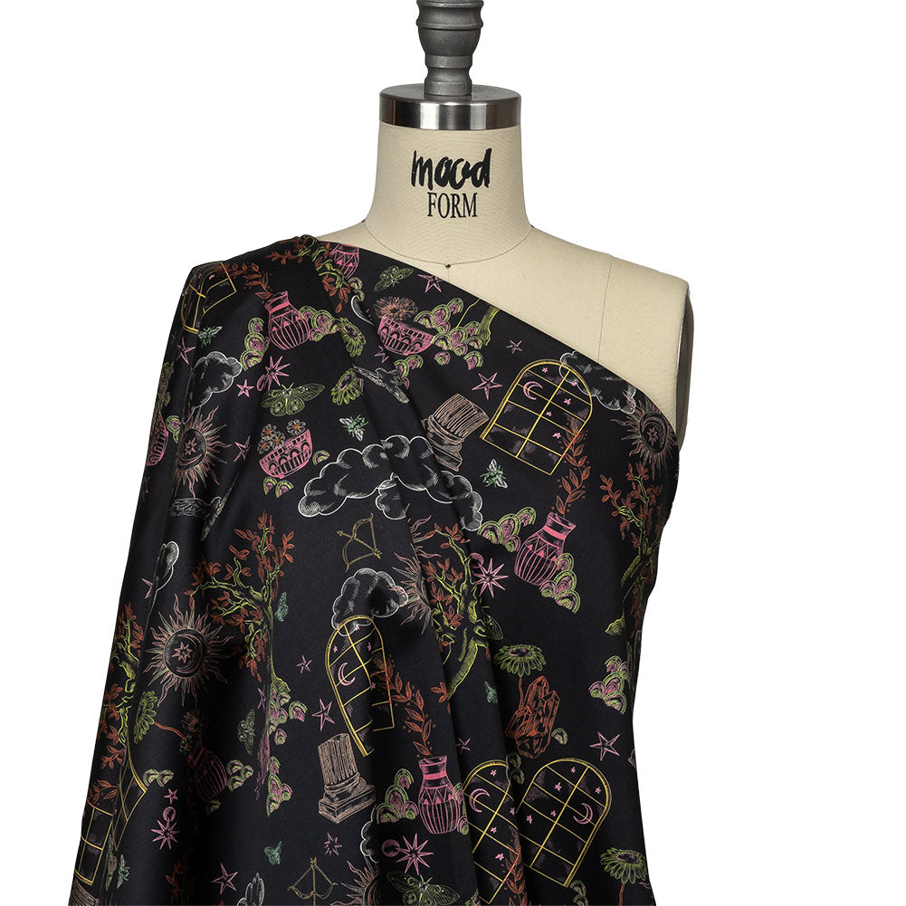 Stretch Cotton Sateen - Black Trees and Windows - Summer Nights Print - Mood Exclusive Citrus Collection - Drape