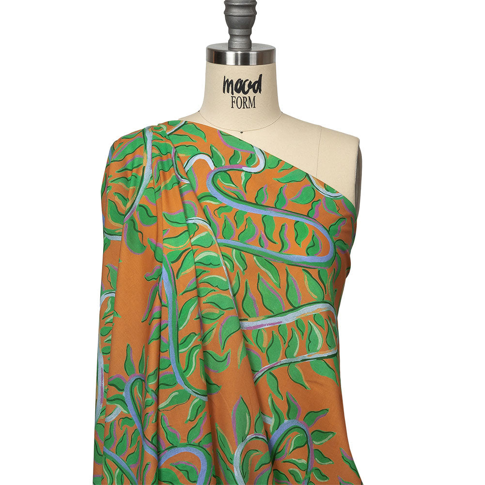 Cotton Voile - Orange and Green Foliage - Looking Vine Print - Mood Exclusive Citrus Collection - Drape