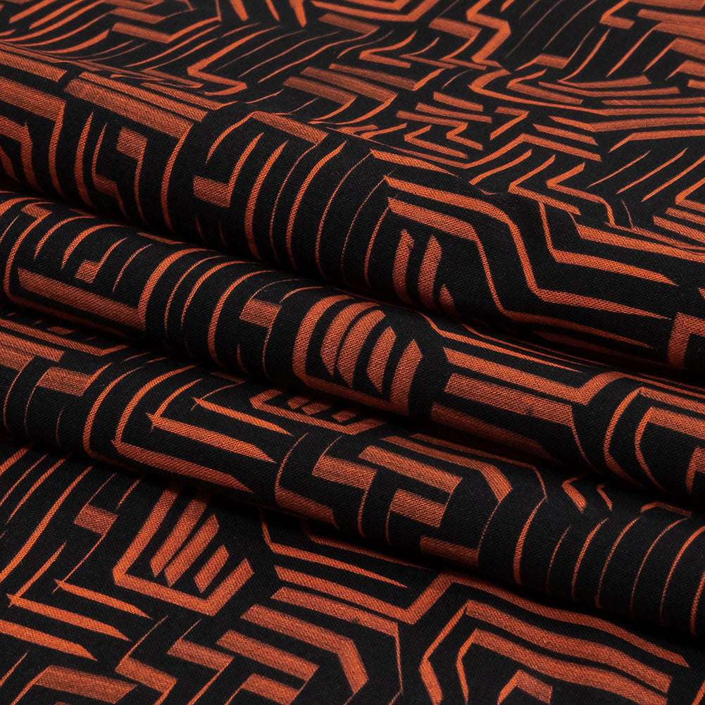 Cotton Voile - Black and Orange Geometric Lines - Ci-Trust the Process Print - Mood Exclusive Citrus Collection - Folded