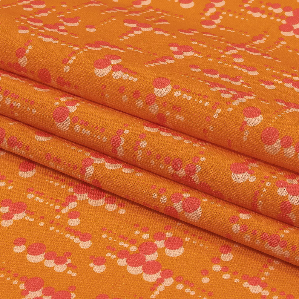 Linen and Rayon Woven - Orange and Pink Dot Lines - Spot of Sunshine Print - Mood Exclusive Citrus Collection - Folded