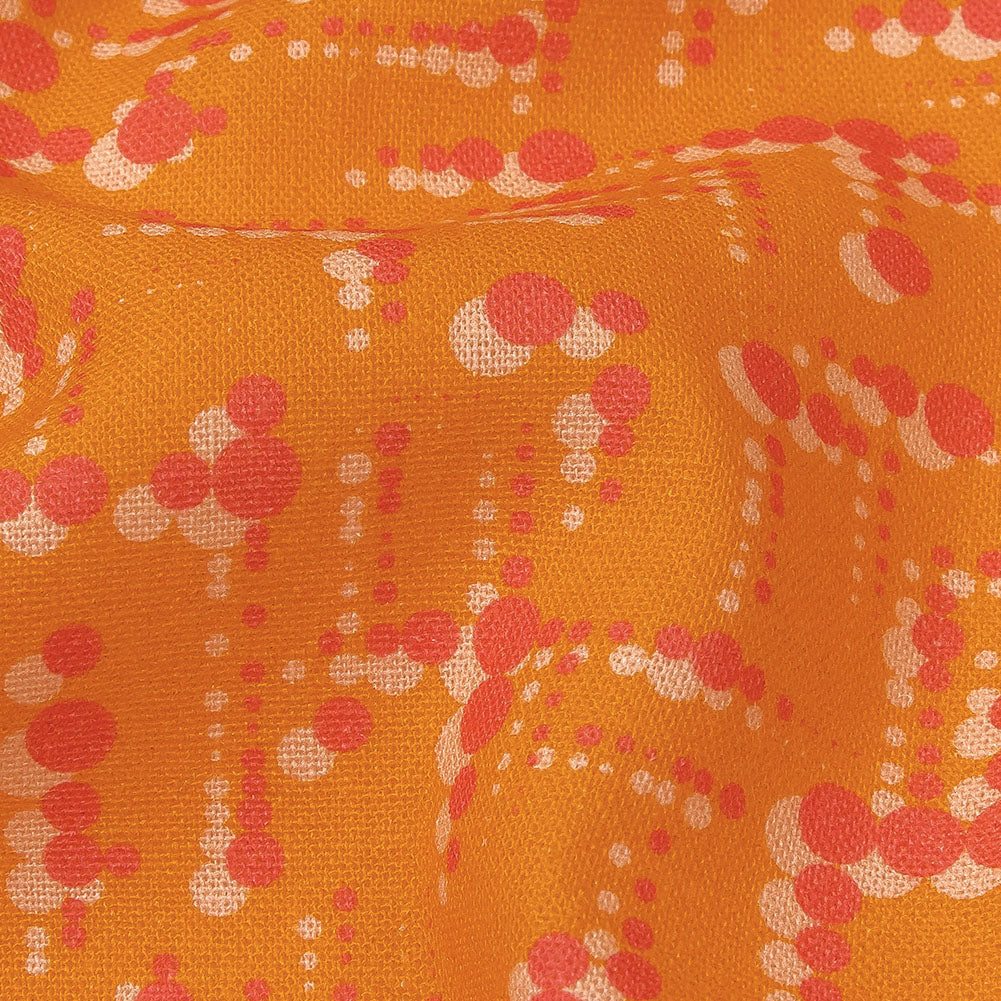 Linen and Rayon Woven - Orange and Pink Dot Lines - Spot of Sunshine Print - Mood Exclusive Citrus Collection - Detail