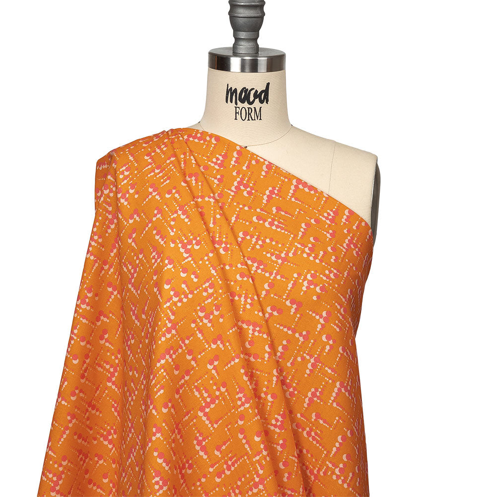 Linen and Rayon Woven - Orange and Pink Dot Lines - Spot of Sunshine Print - Mood Exclusive Citrus Collection - Drape