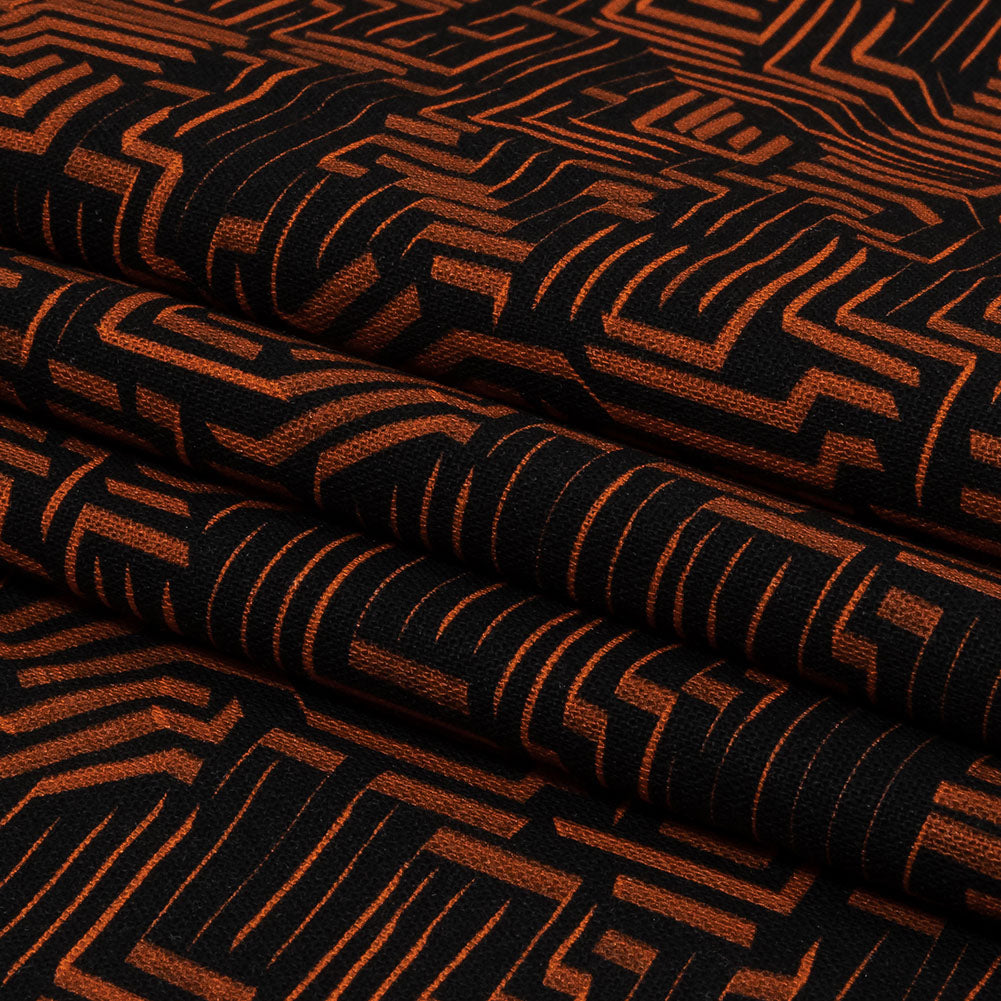 Linen and Rayon Woven - Black and Orange Geometric Lines - Ci-Trust the Process Print - Mood Exclusive Citrus Collection - Folded