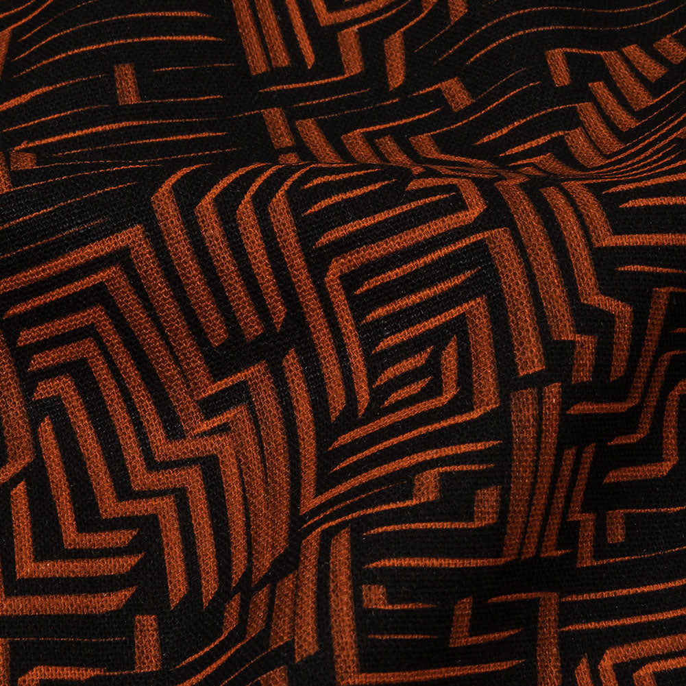 Linen and Rayon Woven - Black and Orange Geometric Lines - Ci-Trust the Process Print - Mood Exclusive Citrus Collection - Detail