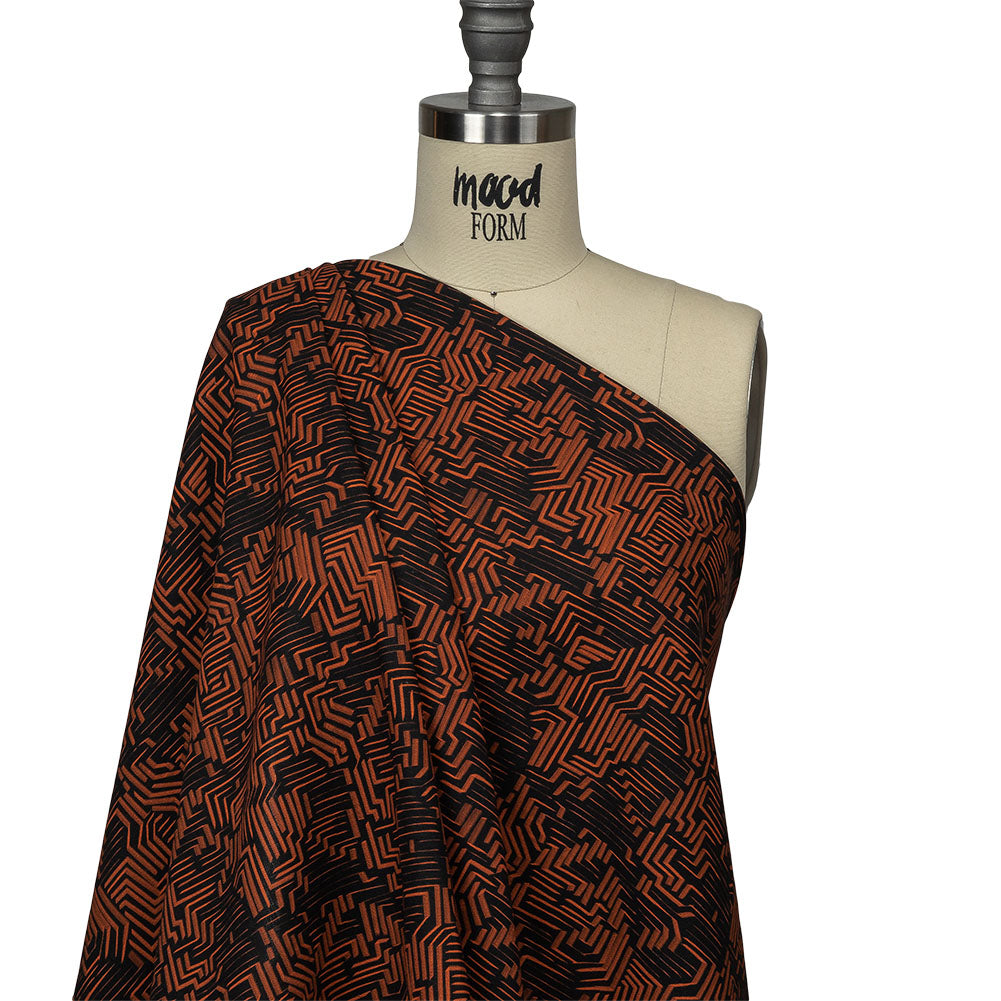 Linen and Rayon Woven - Black and Orange Geometric Lines - Ci-Trust the Process Print - Mood Exclusive Citrus Collection - Drape