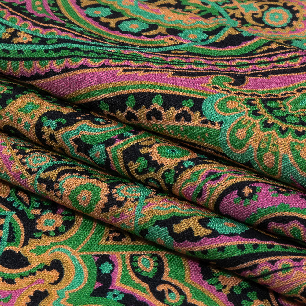 Linen and Rayon Woven - Black and Green Paisley - Hippy Shake Print - Mood Exclusive Citrus Collection - Folded