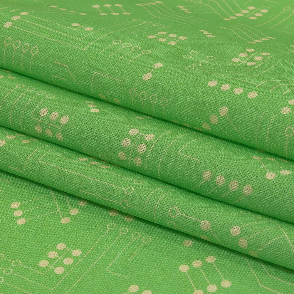 Linen and Rayon Woven - Green Circuit Board Dots - Circuit Breaker Print - Mood Exclusive Citrus Collection - Folded