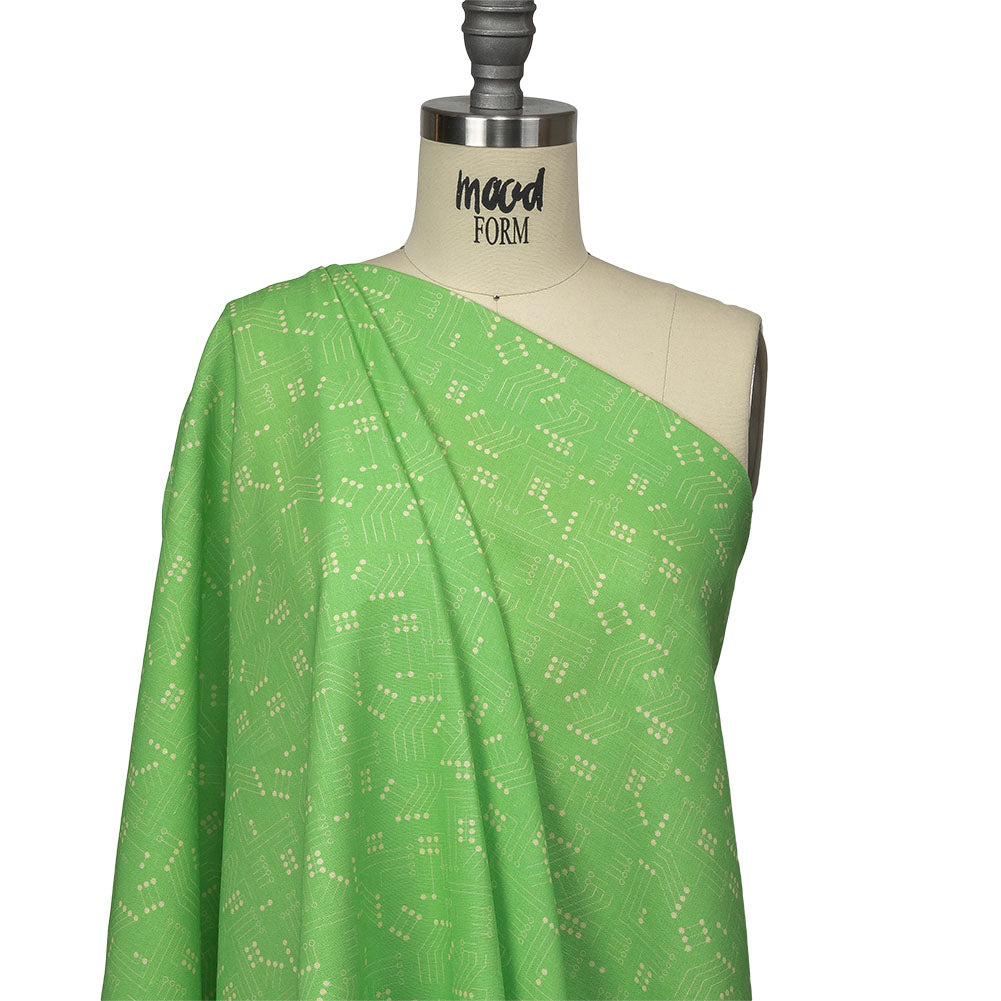 Linen and Rayon Woven - Green Circuit Board Dots - Circuit Breaker Print - Mood Exclusive Citrus Collection - Drape