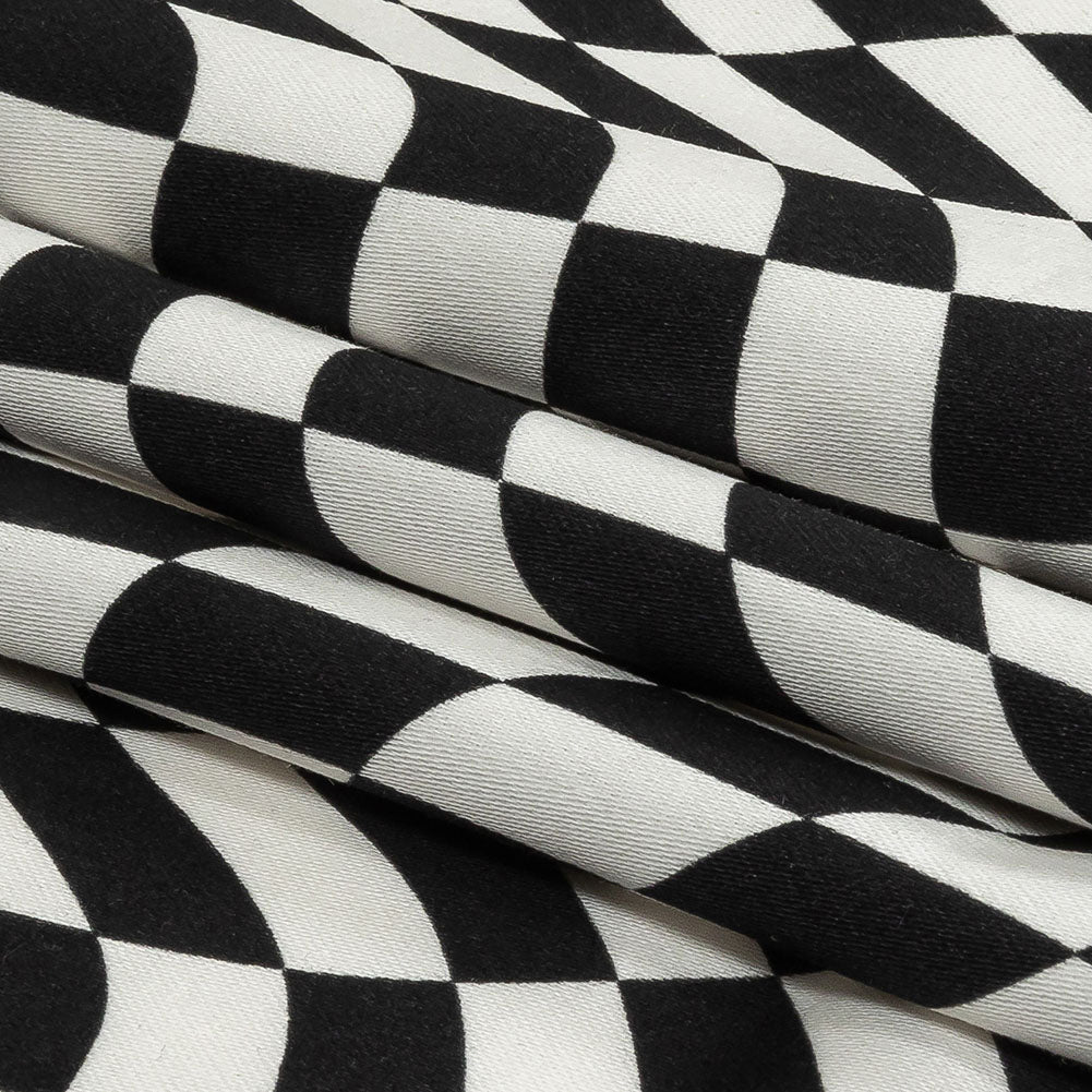 Stretch Cotton Sateen - Black and White Warped Checks - Down the Rabbit Hole Print - Mood Exclusive Indigo Collection - Folded